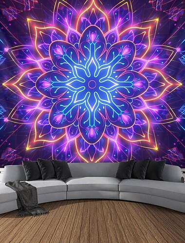  Mandala Boho Schwarzlicht Wandteppich UV reaktiv im Dunkeln leuchtend Trippy Zen Meditation neblige Natur Wandteppich Wandbild für Wohnzimmer Schlafzimmer
