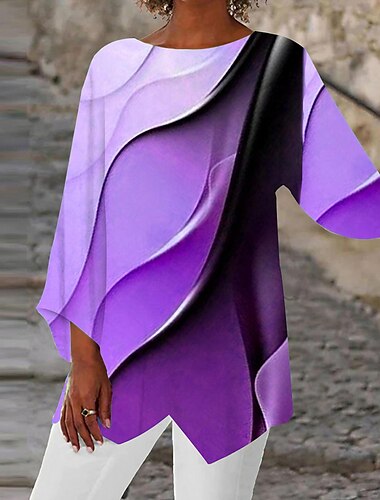  Blouse Femme Tunique Top Chiffon Stylée Imprimé Néo  Brillant Ourlet Asymétrique Manches Longues Hauts Longs Col Rond Décontracté Quotidien Rose Violet Orange Vert Gris Printemps Automne