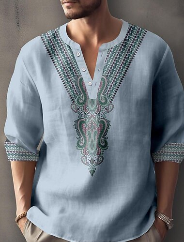  Pánské Geleneksel Košile Košile na knoflíky Tričko Henley Dlouhý rukáv Na běžné nošení Africký vzor Dovolená Denní Léto Jaro Podzim Bez límce Do V Tisk Vodní modrá Khaki