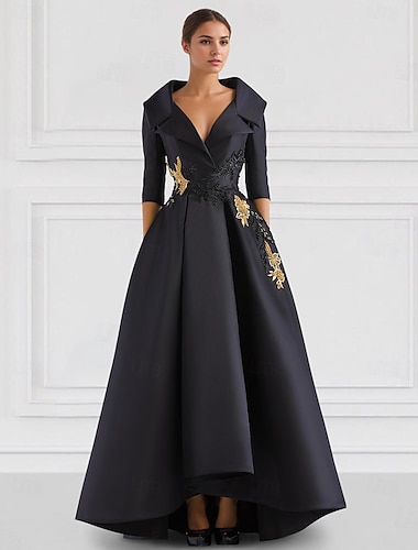  Svart A-linje Kvällsklänning Vintage Broderad Elegant Klänning Tuxedoklänning Formell Golvlängd Långärmad V-hals Ficka Satäng med Pärlor Applikationer 2025