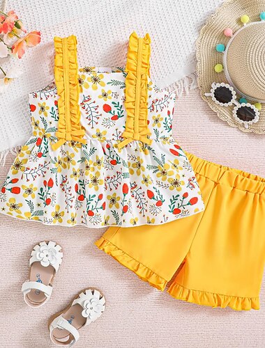  2 Stück Baby Mädchen Blumen Rüsche Kleidungsset einstellen Ärmellos Aktiv Schulanfang 4-7 Jahre Sommer Gelb