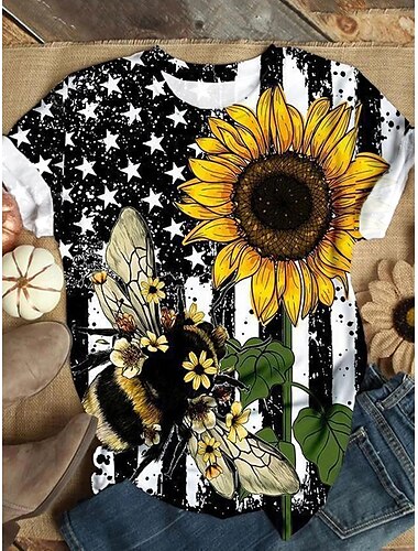  Damen T Shirt Stern Bühnenlicht vielfarbig Stilvoll Brautkleider schlicht Kurzarm Rundhalsausschnitt Normale Oberteile Täglich Bedruckt Schwarz Sommer