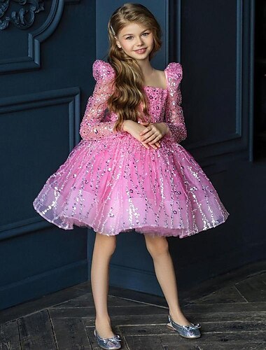  Baby Mädchen Party Kleid Pailletten 3/4 Ärmel Leistung Gitter Kuschelig Prinzessin Polyester Übers Knie Etuikleid Tüll-Kleid Sommer Frühling Herbst 4-7 Jahre Rosa Purpur