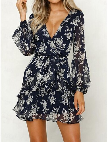  abito casual da donna con stampa floreale, scollo a V, mini abito elegante casual, quotidiano, appuntamento, manica lunga, autunno