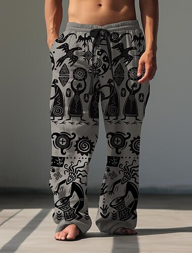  Herr Mönster Casual byxor Medium Midja Hawaiisk Etnisk Stil Semester Rakt ben Sommar Vår 3D-tryck Svart Brun Grön
