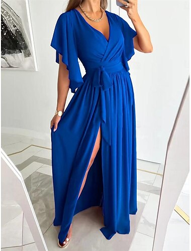  Damen A Linie Kleid Maxidress mit Schnürung Angeschnallt Hochzeit Party Elegant Ausgefallene V Ausschnitt Halbe Ärmel Schwarz Rote Blau Farbe