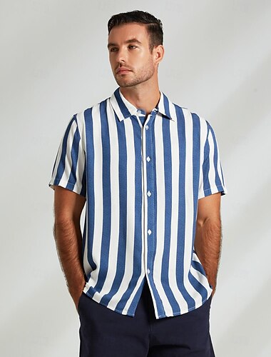  Herren Hemd Freizeithemd Strandhemd Knopfhemd Blau Leicht Blau Kurzarm Gestreift Umlegekragen Hemdkragen Party Lässig Knöpfe Bekleidung Täglich Alltagstauglich