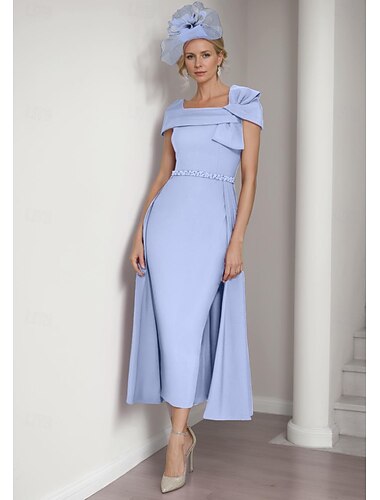 Sheath Brautmutter Kleid Elegant Quadrat Ausschnitt Tee Länge Stretch Stoff Kurze Ärmel mit Schleife(n) Schicht Einfarbig Derby Kleid Renntag Kleid 2025 kostenlose Maßanfertigung