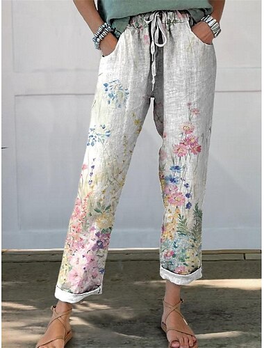  Mujer Pantalones Corte Recto Ropa de calle Casual Largo Alta cintura Floral Bolsillo Estampado Diseño de cordón elástico Transpirabilidad Suave Microelástico Vacaciones Calle Ropa Cotidiana Blanco