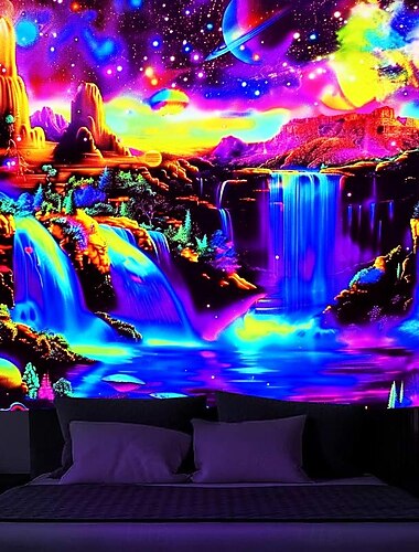  Schwarzlicht Wandteppich UV reaktiv im Dunkeln leuchtend Party Neon Fantasy Wasserfall Regenbogen psychedelisch trippig neblig hängender Wandteppich Wandbild für Wohnzimmer Schlafzimmer