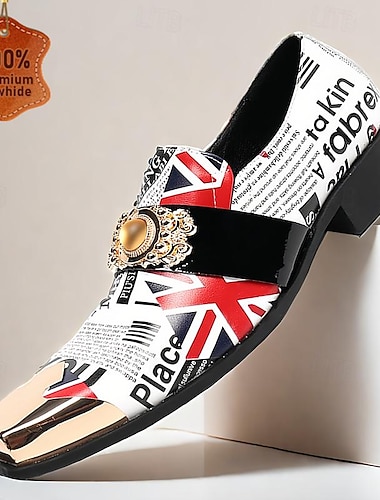  mocassins de style punk en cuir de vachette de qualité supérieure pour hommes - chaussures à enfiler à imprimé Union Jack et journal avec boucle décorative et embout en métal doré