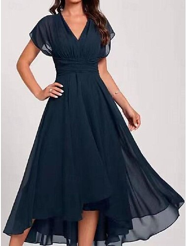  Damen Chiffon-Kleid Maxidress Chiffon Rüsche kleid hochzeitsgast Cocktailparty Elegant Ausgefallene V Ausschnitt Kurzarm Marineblau Farbe