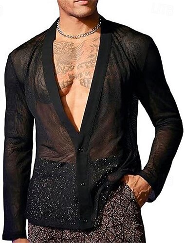  Herre Skjorte Sommerskjorte Skjorte i mesh Ren skjorte Ren bluse Svart Langermet عادي V-hals Hawaiisk Ferie Netting Klær Mote Fritid Bekvem