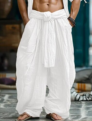  Herren Leinenhose Hose Hosen Sommerhosen Kordelzug Elastische Taille Weite Hosen Glatt Komfort Atmungsaktiv In voller Länge Casual Täglich Festtage Modisch Klassicher Stil Kürbis Weiß Mikro-elastisch