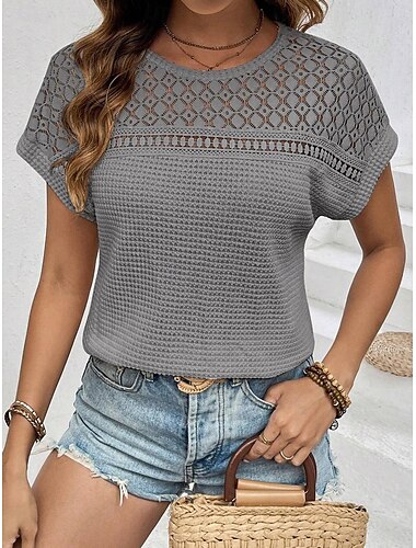  Damen T Shirt Elegante Oberteile Glatt Brautkleider schlicht Kurzarm Rundhalsausschnitt Normale Oberteile Täglich Spitze Schwarz Grün Beige Grau Sommer