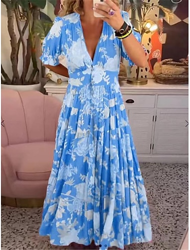  robe décontractée pour femme robe trapèze imprimé floral col en V robe midi élégante décontractée rendez-vous quotidien demi-manches été