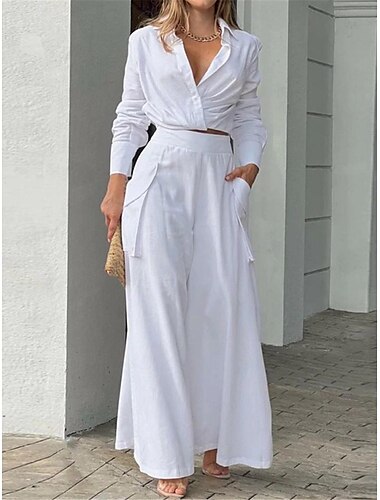  Femmes Élégant Chemise Ensembles en coton et lin Ensembles deux pièces Pantalons à Jambes Larges manche longue Col de chemise Uni Bureau Travail Noir Blanche Bleu Été Coupe régulière