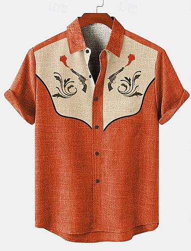  Voor heren Overhemd linnen overhemd retro-overhemden Vintage overhemd Etnisch shirt Bloemig Buiten Werk blauw Oranje Grijs Korte mouw Strijkijzer Zomer Lente Kleding