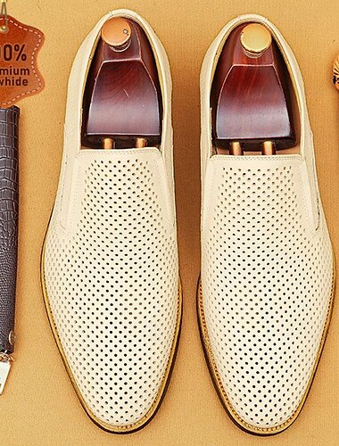  mocassins en cuir perforé beige pour hommes, chaussures habillées à enfiler en cuir de vachette de qualité supérieure - chaussures respirantes et élégantes pour les occasions formelles et décontractées