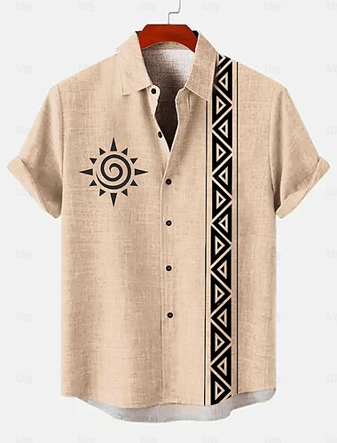  Herren leinenhemd Knopfhemd Ethnisches Hemd Urlaub Freizeitskleidung Beige Kurzarm Hemden mit Kragen Sommer Frühling Bekleidung