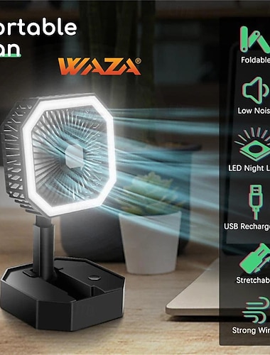  Складной мини-вентилятор WAZA с USB – регулируемая высота и угол светодиодный фонарь личный перезаряжаемый вентилятор для поездок и офиса