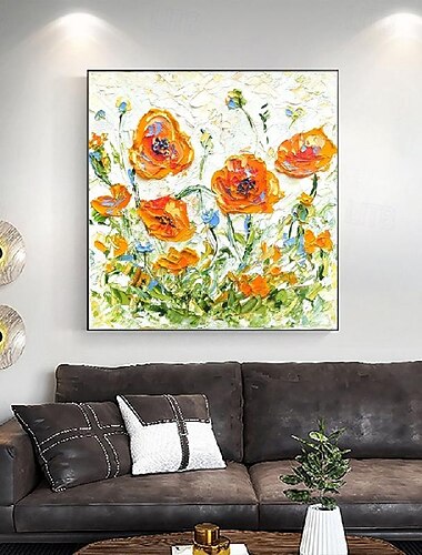  pattle mes bloem schilderij handbeschilderd oranje roze klaproos impasto olieverfschilderij Californië klaproos Paletmes bloem olieverfschilderij artwork zware textuur kleurrijke bloemen schilderij