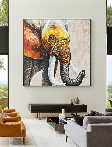  ציור שמן פיל אימפרסיוניסטי מצויר בעבודת יד על בד - אמנות ספארי רב צבעים עכשווית של בעלי חיים, איזה צבעים מבריקים ציור
