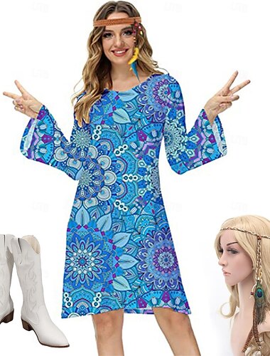  Hippie Retro Vintage 1970er Disko Kleid Damen Kostüm Jahrgang Cosplay Party & Abend Langarm Kleid Maskerade Schlager Outfit