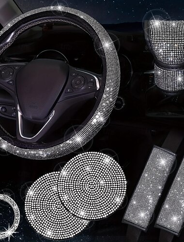 7 stks/set bling autoaccessoireset voor dames - inclusief stuurhoes onderzetters veiligheidsgordelpads embleemsticker en versnellingspookhoes - voeg sprankeling en comfort toe aan uw rit