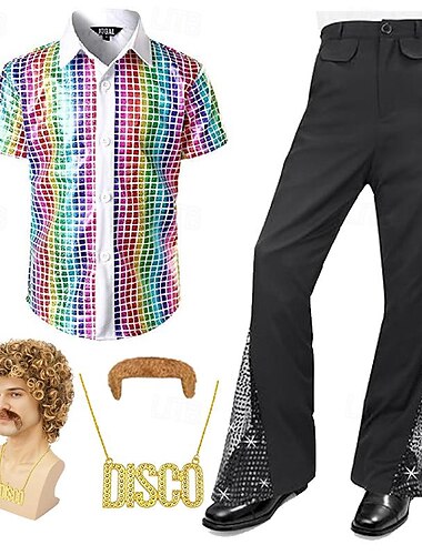  70er-Jahre-Disco-Hemden für Herren mit Metallic-Pailletten, kurzärmliges Button-Down-Hemd, Retro-Vintage-Kostüm der 1970er Jahre, Performance, Party, Bühne, Halloween Schlager Outfit