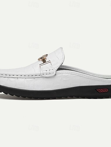  weiße Slipper für Herren mit Krokodilmuster - Lederpantoletten mit goldener Schnalle für Freizeit und formelle Kleidung
