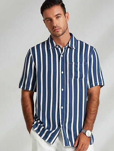  Voor heren Overhemd Normaal shirt Strand hemd Overhemd met knopen blauw Licht Blauw Korte mouw Gestreept Strijkijzer Overhemdkraag Feest Causaal Knop Kleding Dagelijks Casual / Dagelijks