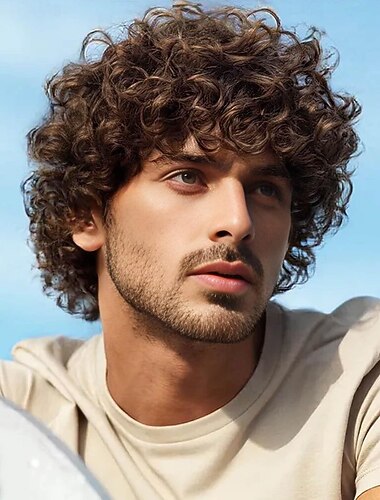  miesten peruukki lyhyt ruskea kihara peruukki täyshiuksiset peruukit otsatukkailla luonnonkiharat synteettiset hiukset korvaavat peruukit juhlat cosplay halloween puku peruukit miehille