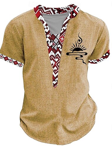  Men's Tribal African Pattern T Shirt Henley Shirt Short Sleeve 3D Print Designer Ethnic Casual Daily Summer Yellow Green Khaki Henley Henley T-Shirt