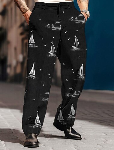  Herre Seilbåter Dressbukser Medium Midje Business Casual Formell Bryllup Hverdag Lomme Bukser med rett ben Sommer Vår Høst 3D-utskrift Svart Hvit