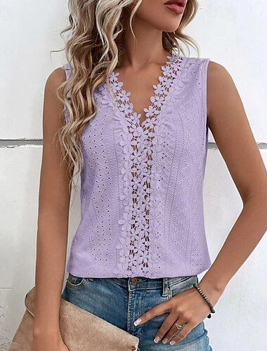  Kvinders Camisole Tank Tops Stilfuld Blonde Eyelet Uden ærmer V-hals Daglig Hvid Pink Lilla Grøn Sommer