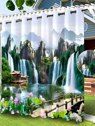  wasserdichter Outdoor Vorhang Sichtschutzvorhang für den Außenbereich, Schiebevorhänge für die Terrasse, Pergola mit Ösen im chinesischen Landschaftsstil für Pavillon, Balkon, Veranda, Party, 1 Panel