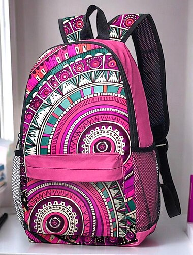  Dame ryggsekk Skoleveske Skole utendørs Daglig Nasjonal Totem polyester Stor kapasitet Lettvekt Holdbar Glidelås Tryk Fuksia Oransje