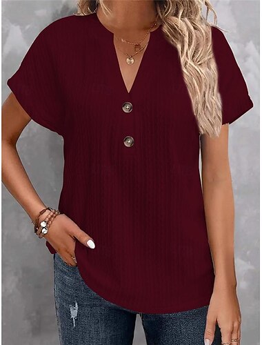  T shirt Tee Hauts habillés Femme Blanche Vin Marron Plein Bouton Plein Air du quotidien basique Moderne Col V Standard S