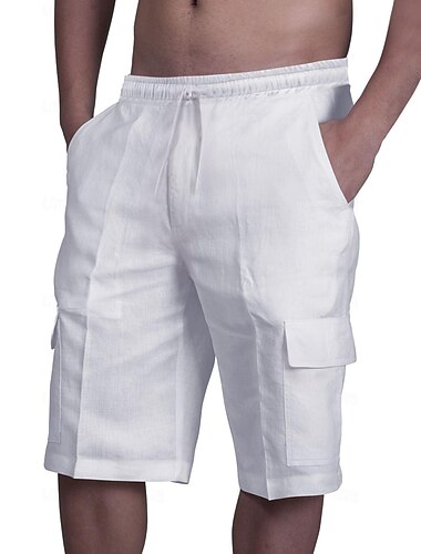  Voor heren Cargoshorts Korte broek Linnen korte broek Zomer korte broeken Strandshorts Trekkoord Elastische taille Meerdere zakken Effen Knielengte Strand Hawaii Casual Zwart Wit Inelastisch