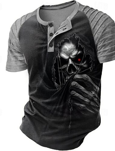  Voor heren Donkere T-shirt Korte mouw 3D-afdrukken Retro vintage Gotisch Feest Straat Zomer Lente Zwart Grijs Henley Kraag Henley-T-shirt