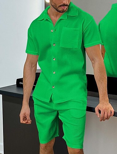  Herren T-Shirt Anzüge 2-teiliges Outfit T-Shirt und Shorts Kurzarm Umlegekragen Sommer Einfach Mode Lässig 2 teilig Urlaub Alltagskleidung Ausgehen Schwarz Weiß Blau Top T-Shirt für Herren