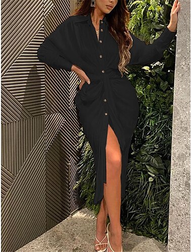 Weißes Damenkleid, Hemdblusenkleid, figurbetontes Maxikleid, Cocktailparty, sexy, formell, Hemdkragen, Knopfleiste, langärmlig, Sommer, Frühling, schmal, einfarbig