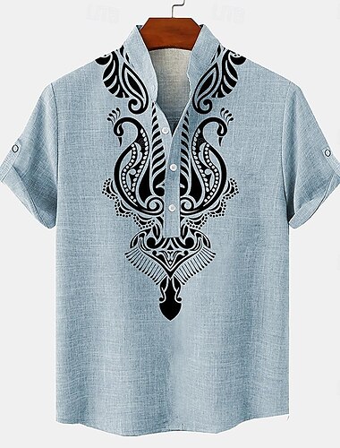  Herren leinenhemd Henley Shirt Retro-Shirts Vintage-Shirt Ethnisches Hemd Ethnisch Täglich Festtage Blau Beige Grau Kurzarm Mandarinkragen Sommer Frühling Bekleidung Bedruckt