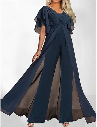  Mujer Normal Mono Elegante Color sólido Manga Corta Escote en Pico Alta cintura Con tren Oficina Trabajo Ajuste regular Azul Marino Verano