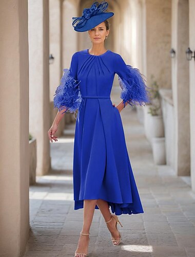  A-Linie Mutter der Braut Kleid Hochzeitsgast Elegantes Juwelenausschnitt asymmetrisch Stretchstoff Halblange Ärmel mit Feder 2025 kostenlose Maßanfertigung
