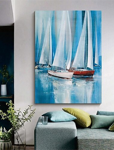  Meer Bootfahren Landschaftsgemälde handgemalt marineblau orange strukturierte Landschaftsmalerei auf Leinwand für Wohnzimmer modernes Kunstwerk Malerei Wand Kunst Himmel Malerei