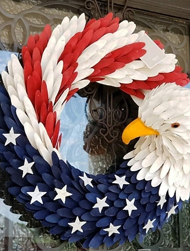  patriotisk krans amerikansk flagga skallig örn krans, självständighetsdagen 4 juli minnesdag krans för ytterdörr, bondgård krans konstgjorda kransar för ytterdörr sommarlov dekor 15"