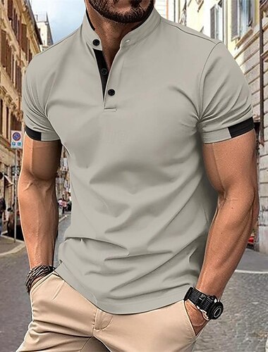  Men's Golf Shirt Golf Polo Work Casual Stand Collar Short Sleeve Basic Modern Color Block Patchwork Button Spring & Summer Regular Fit Black White Navy Blue Sky Blue Khaki Gray Golf Shirt