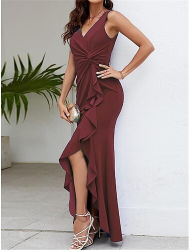  Mulheres Tubinho Vestido Longo Frufru Fenda Coquetel Elegante Formal Decote V Sem Manga Preto Vinho Azul Marinha Cor